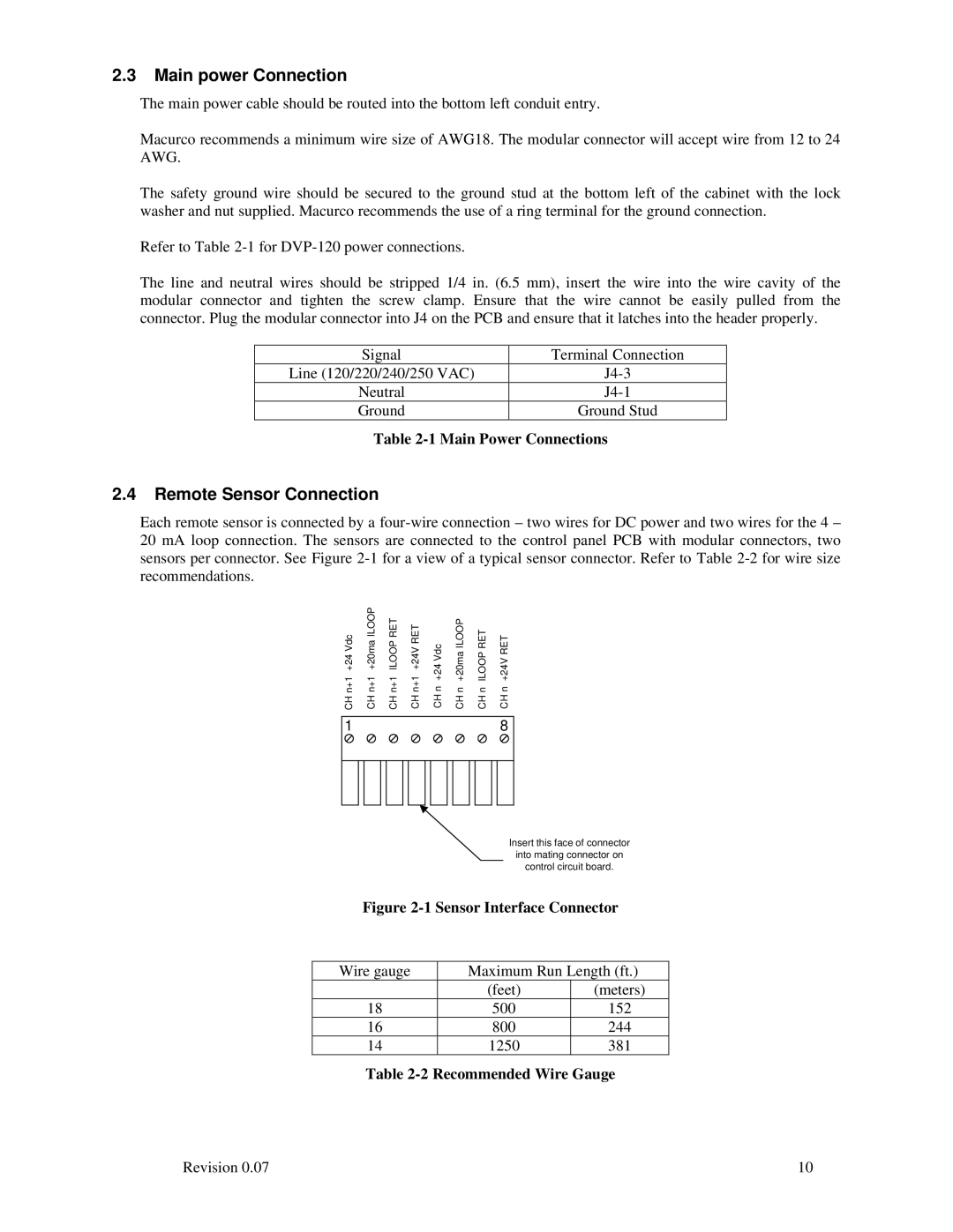 Macurco DVP-120 operating instructions Main power Connection, Remote Sensor Connection 