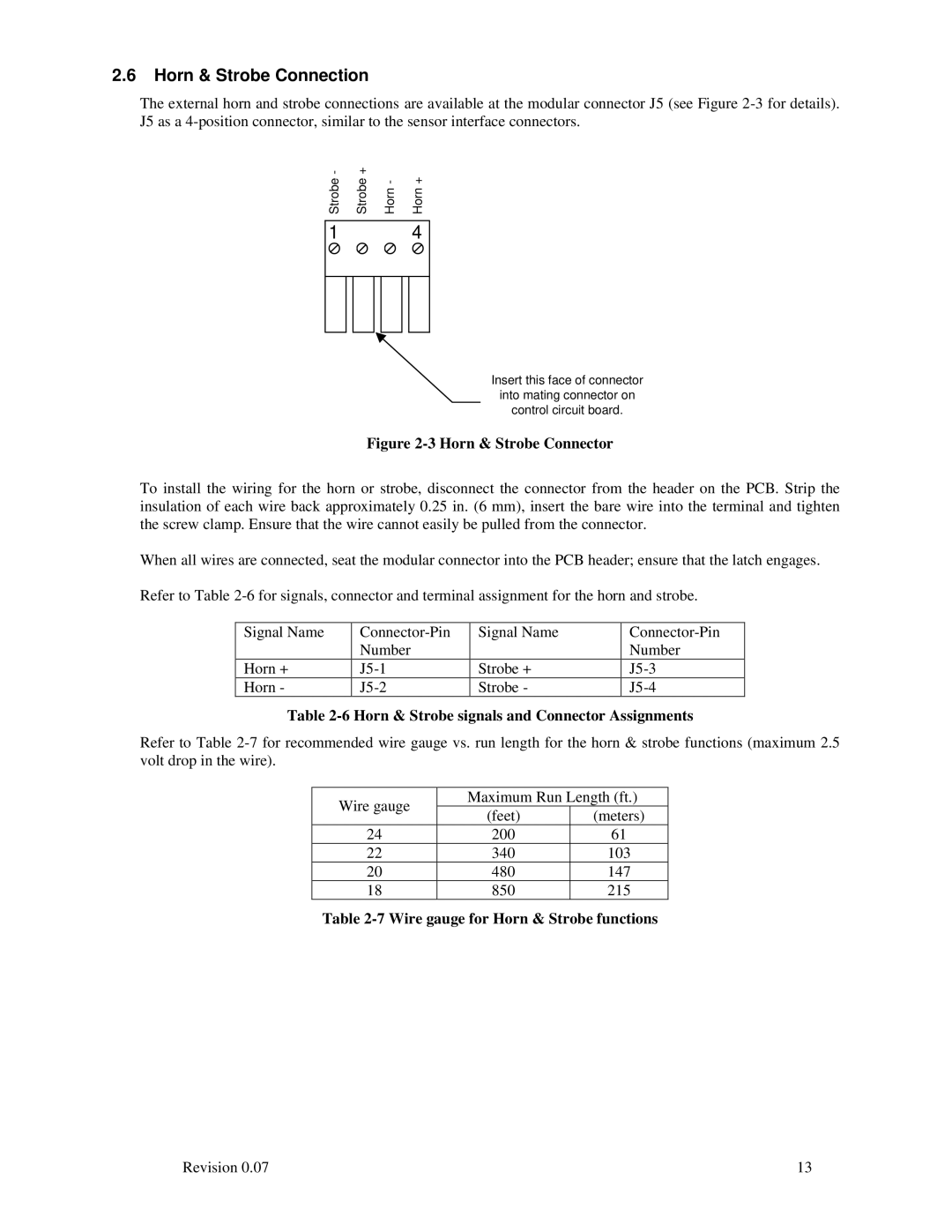 Macurco DVP-120 operating instructions Horn & Strobe Connection, Horn & Strobe signals and Connector Assignments 