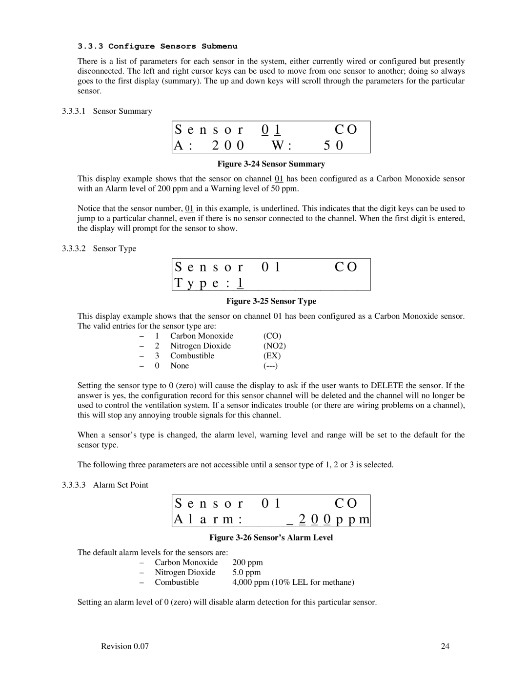 Macurco DVP-120 operating instructions N s P e, N s o r Alarm 0 p p m, Configure Sensors Submenu 