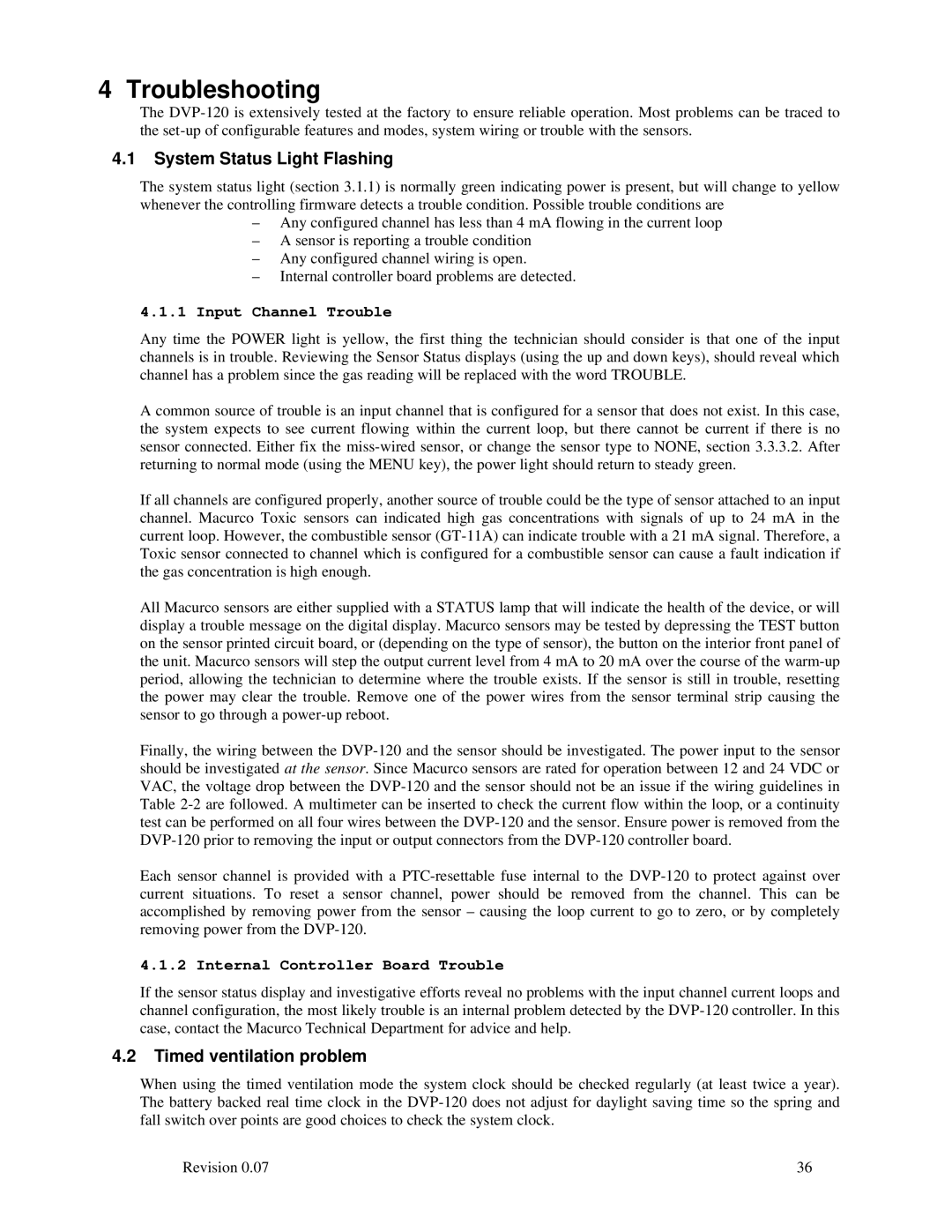 Macurco DVP-120 operating instructions System Status Light Flashing, Timed ventilation problem, Input Channel Trouble 