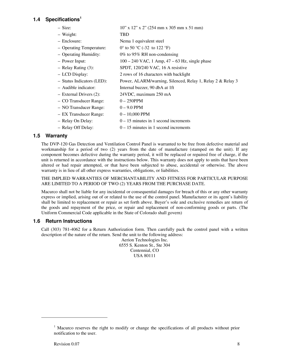 Macurco DVP-120 operating instructions Specifications1, Warranty, Return Instructions 