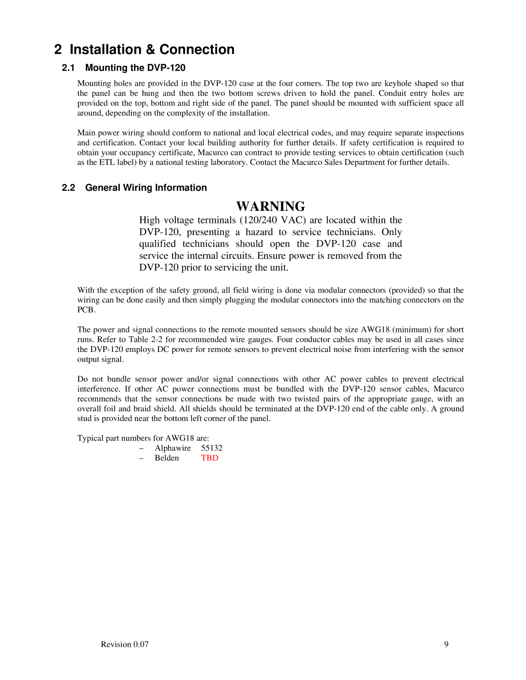 Macurco operating instructions Mounting the DVP-120, General Wiring Information 