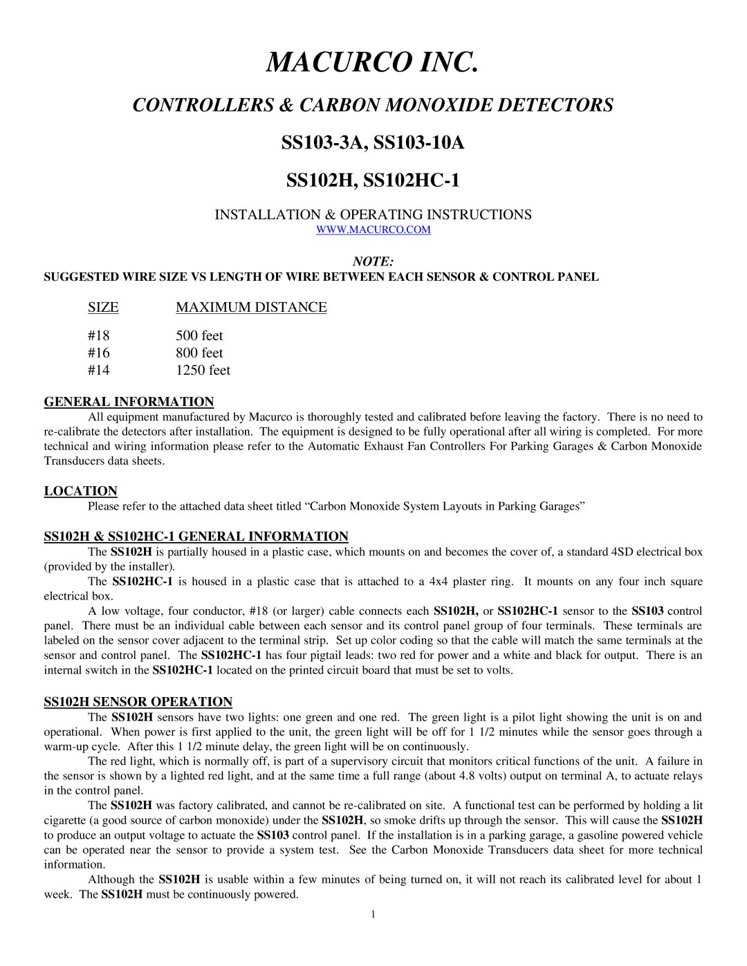 Macurco SS103-10A, SS103-3A manual Location, SS102H & SS102HC-1 General Information, SS102H Sensor Operation 