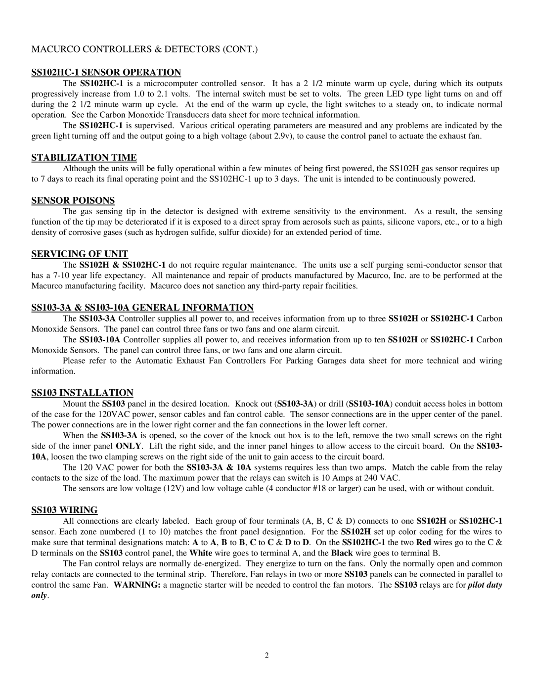 Macurco SS103-3A SS102HC-1 Sensor Operation, Stabilization Time, Sensor Poisons, Servicing of Unit, SS103 Installation 