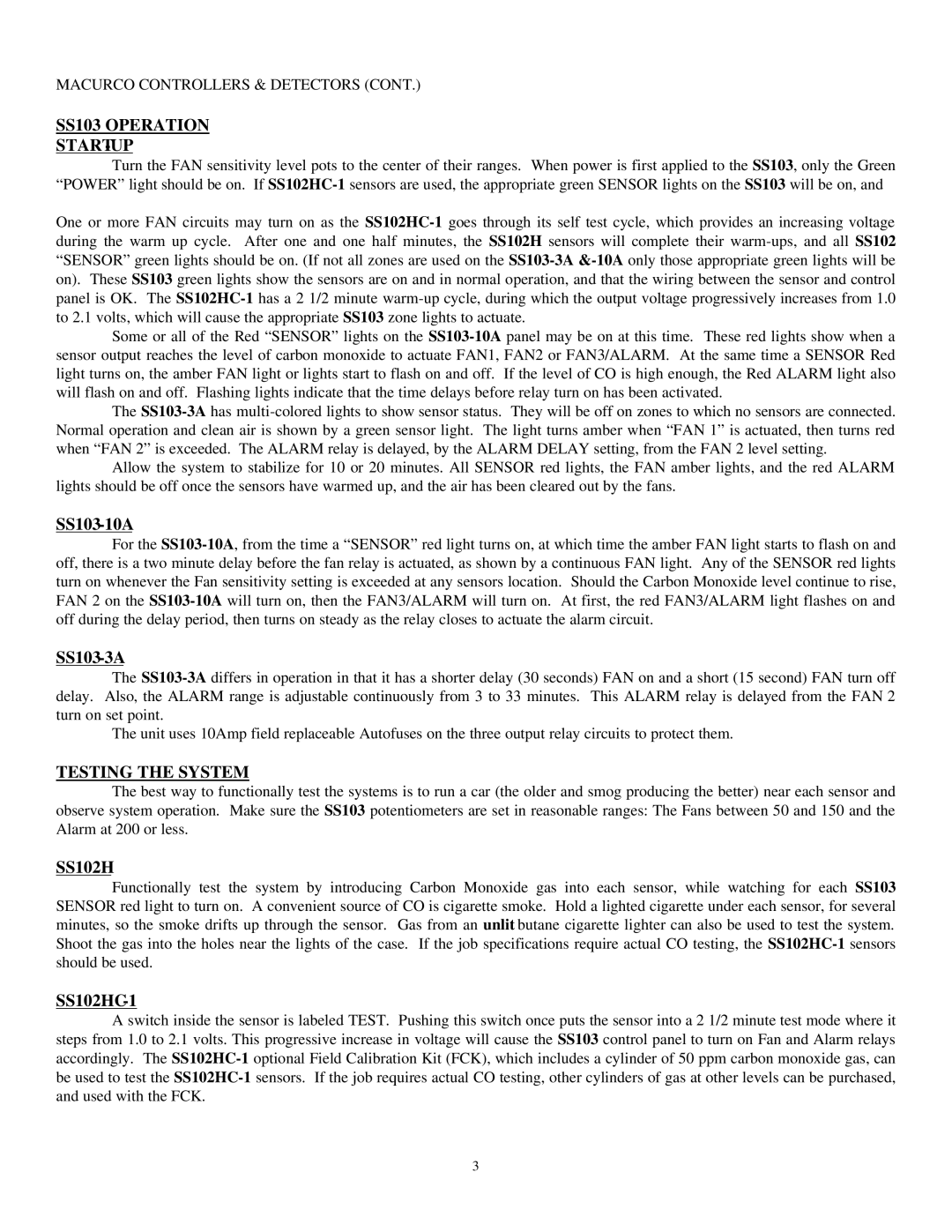 Macurco SS103-3A, SS103-10A, SS102HC-1 manual SS103 Operation, Testing the System 