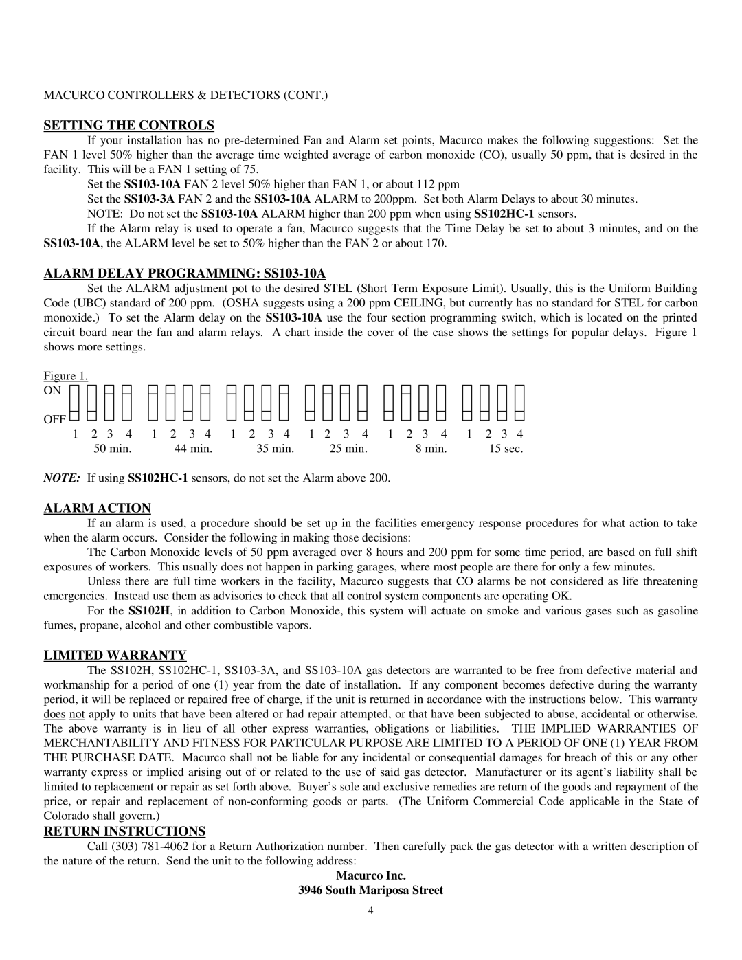 Macurco SS102HC-1, SS103-3A Setting the Controls, Alarm Delay Programming SS103-10A, Alarm Action, Limited Warranty 