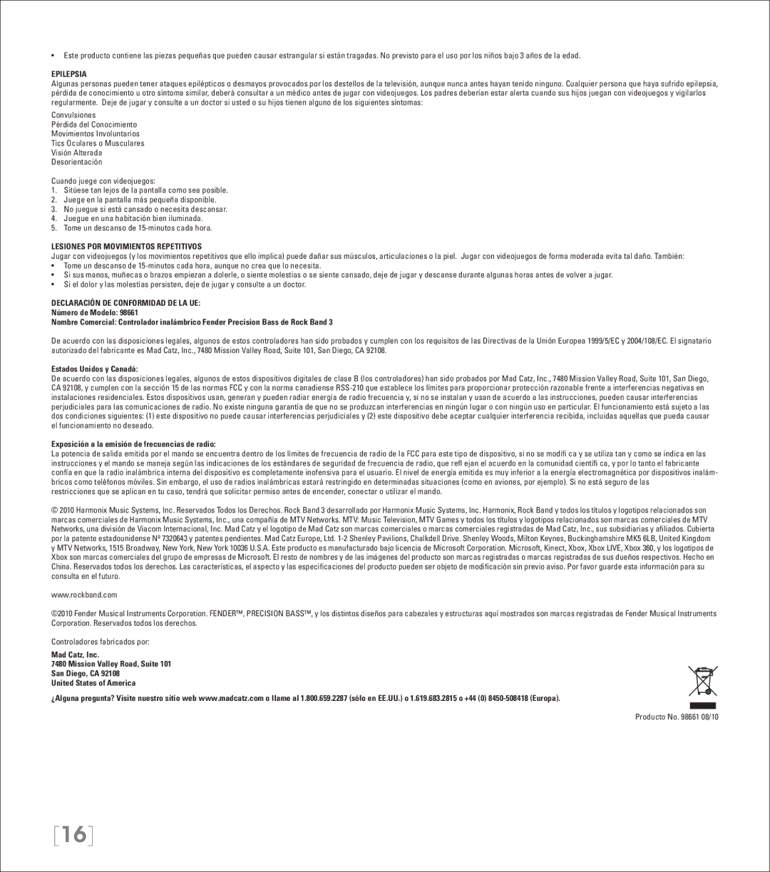 Mad Catz 3 manual Epilepsia, Lesiones POR Movimientos Repetitivos, Declaración DE Conformidad DE LA UE 