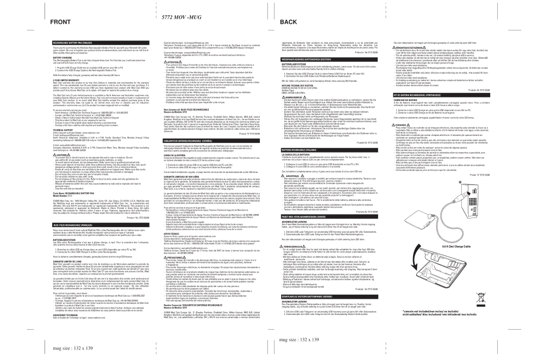 Mad Catz 5772 warranty Rechargeable Battery PAK English, BLOC-PILES Rechargeable Français, Batteria Ricaricabile Italiano 