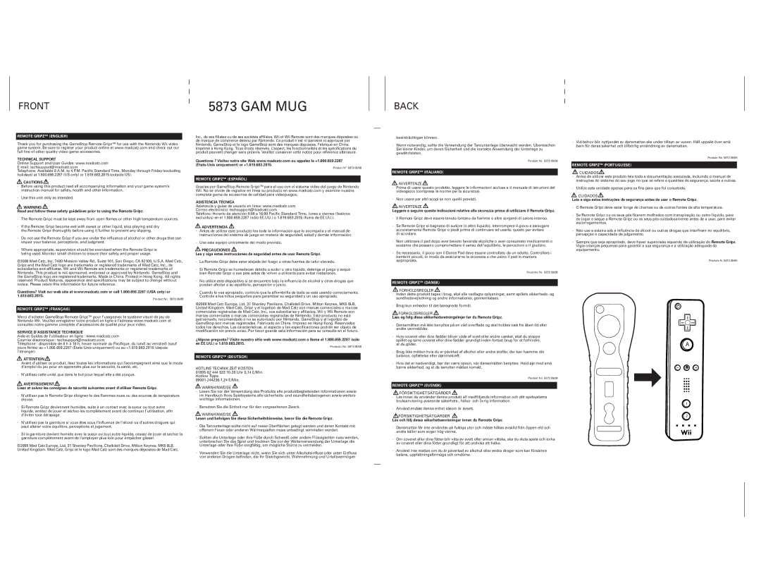 Mad Catz 5873 instruction manual Remote Gripz English, Remote Gripz Français, Remote Gripz Español, Remote Gripz Deutsch 