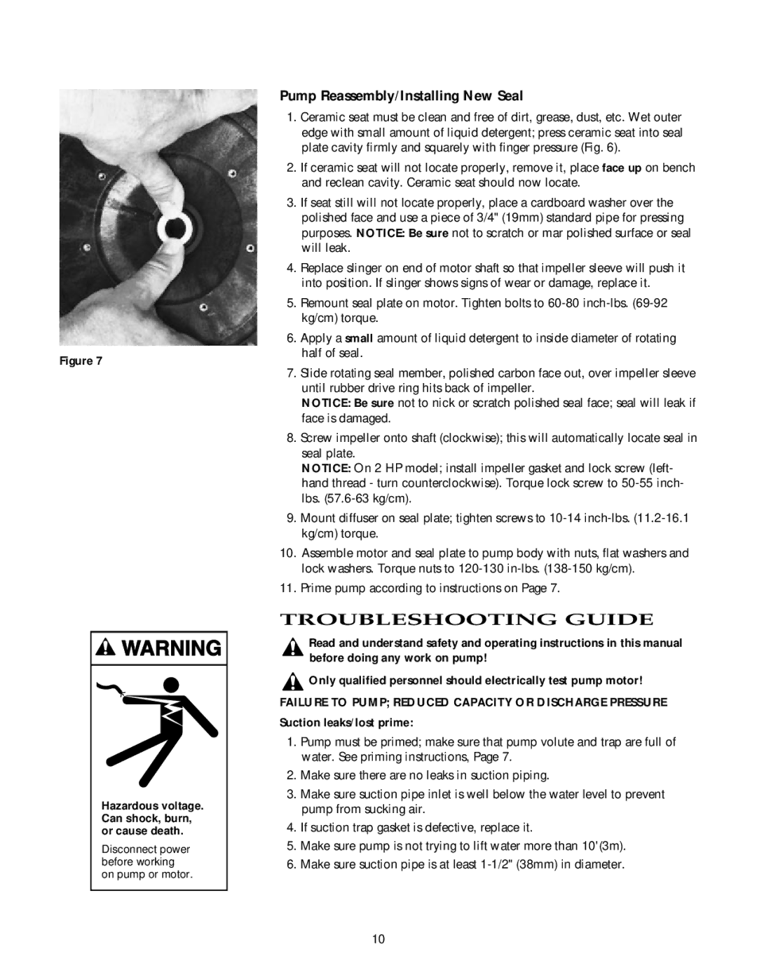 Mad Catz 5MPRA6F3-156, 5MPRA6E-148 Troubleshooting Guide, Pump Reassembly/Installing New Seal, Suction leaks/lost prime 