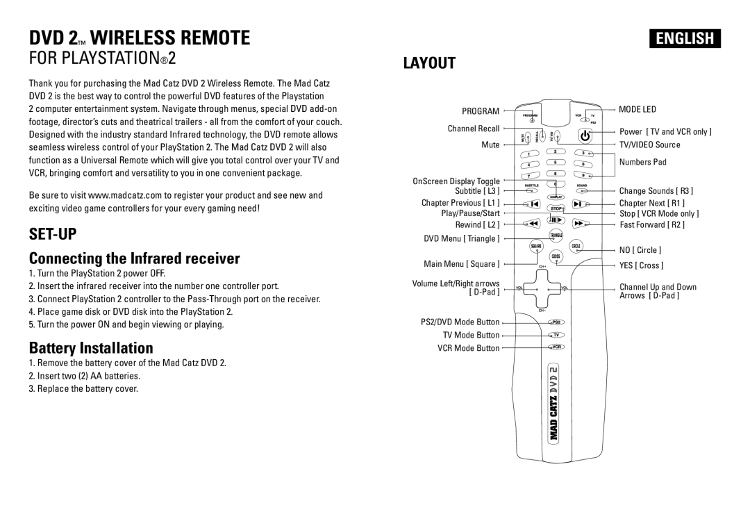 Mad Catz DVD 2 manual Layout, Set-Up 