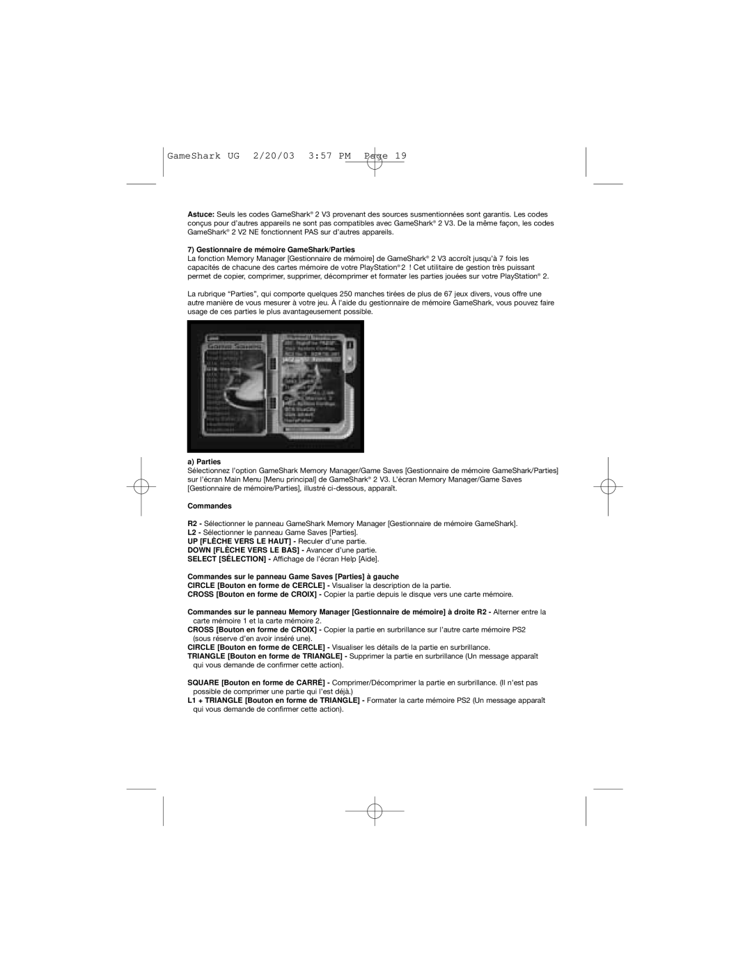 Mad Catz GameShark 2 instruction manual Gestionnaire de mémoire GameShark/Parties, Commandes 