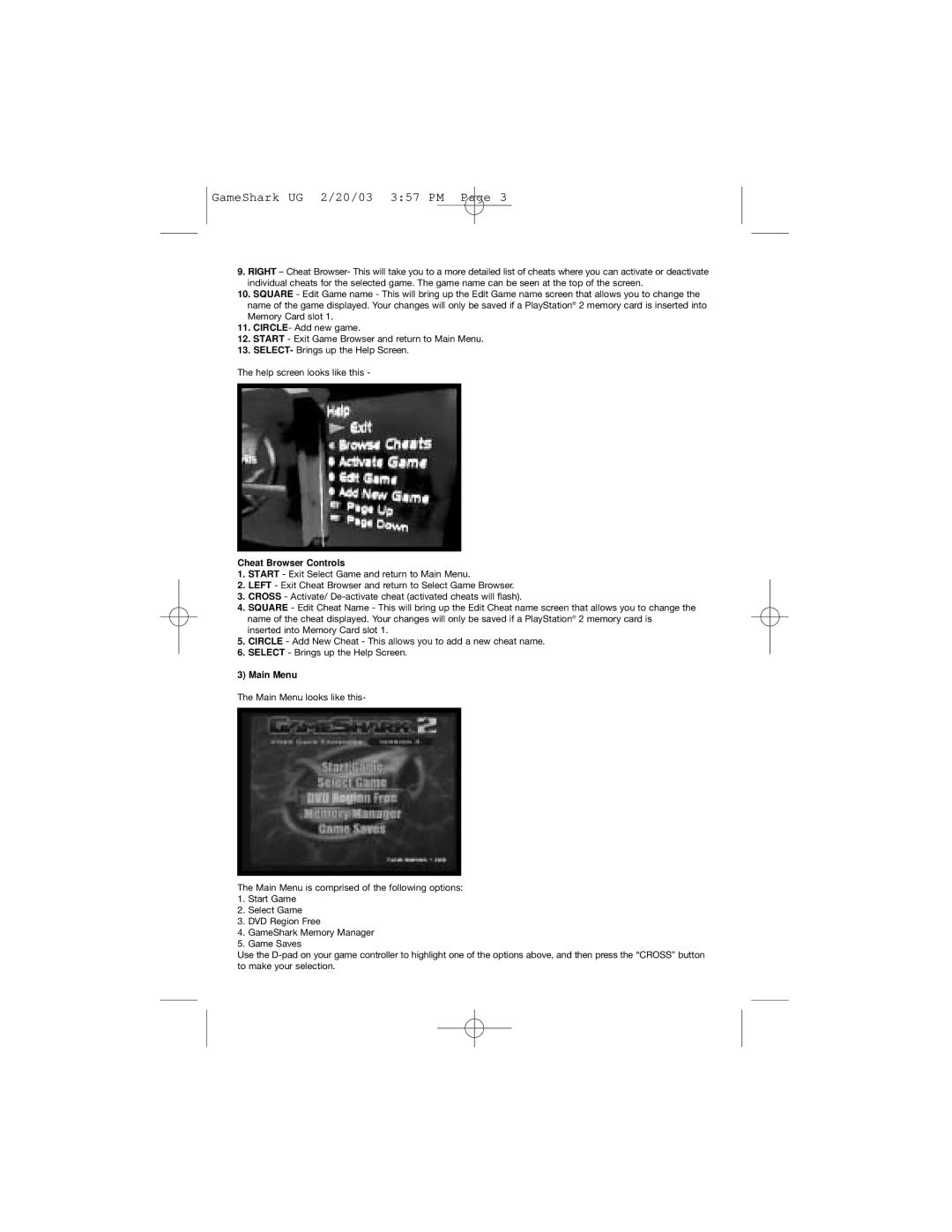 Mad Catz GameShark 2 instruction manual Cheat Browser Controls, Main Menu 