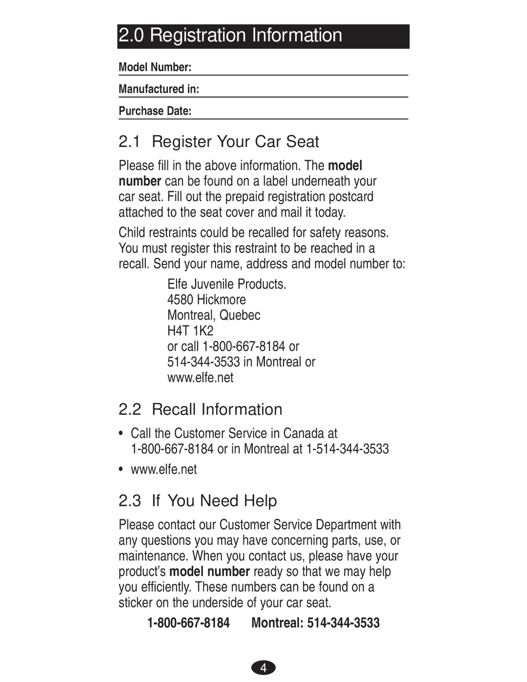 Mad Catz ISPB024CB Registration Information, Register Your Car Seat, Recall Information, If You Need Help, Montreal 