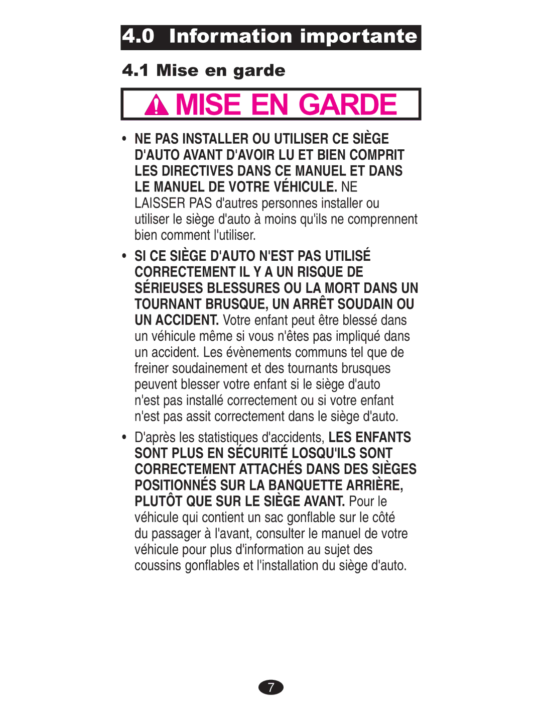 Mad Catz ISPB024CB owner manual Information importante, Mise en garde, Daprès les statistiques daccidents, LES Enfants 