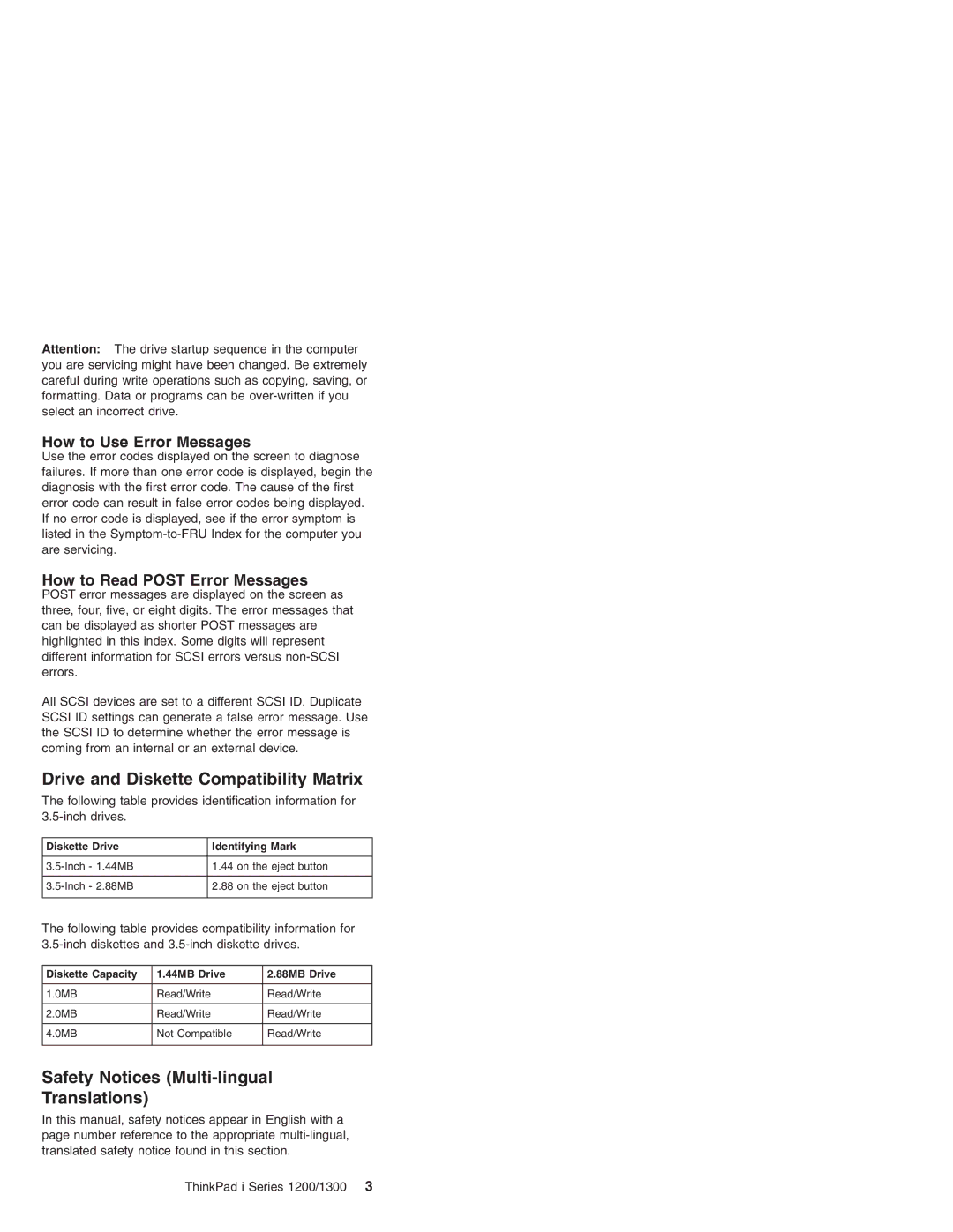 Madge Networks 1200, 1300 manual Drive and Diskette Compatibility Matrix, Safety Notices Multi-lingual Translations 