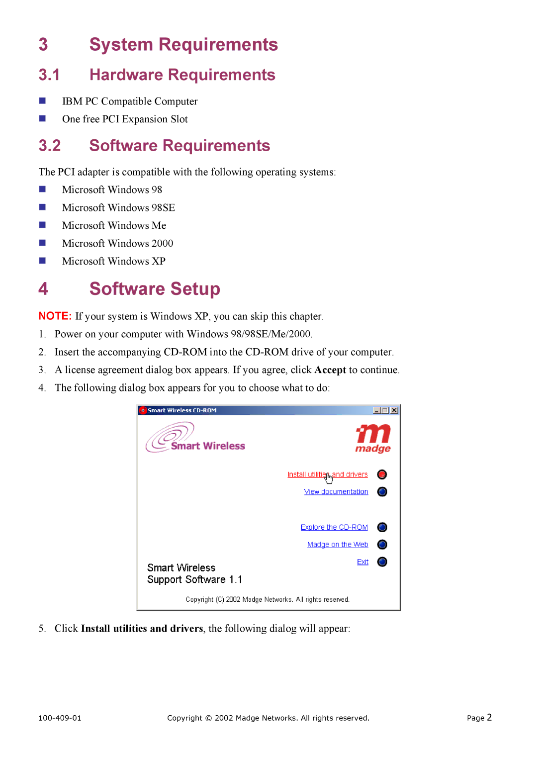 Madge Networks 802.11B (95-20) manual System Requirements, Software Setup, Hardware Requirements, Software Requirements 