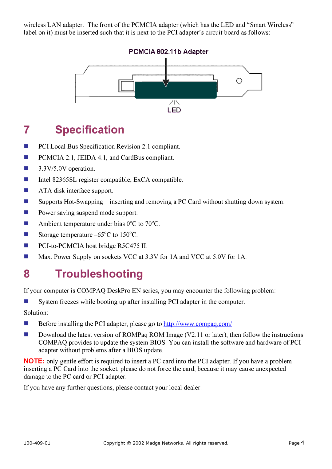 Madge Networks 802.11B (95-20) manual Specification, Troubleshooting 