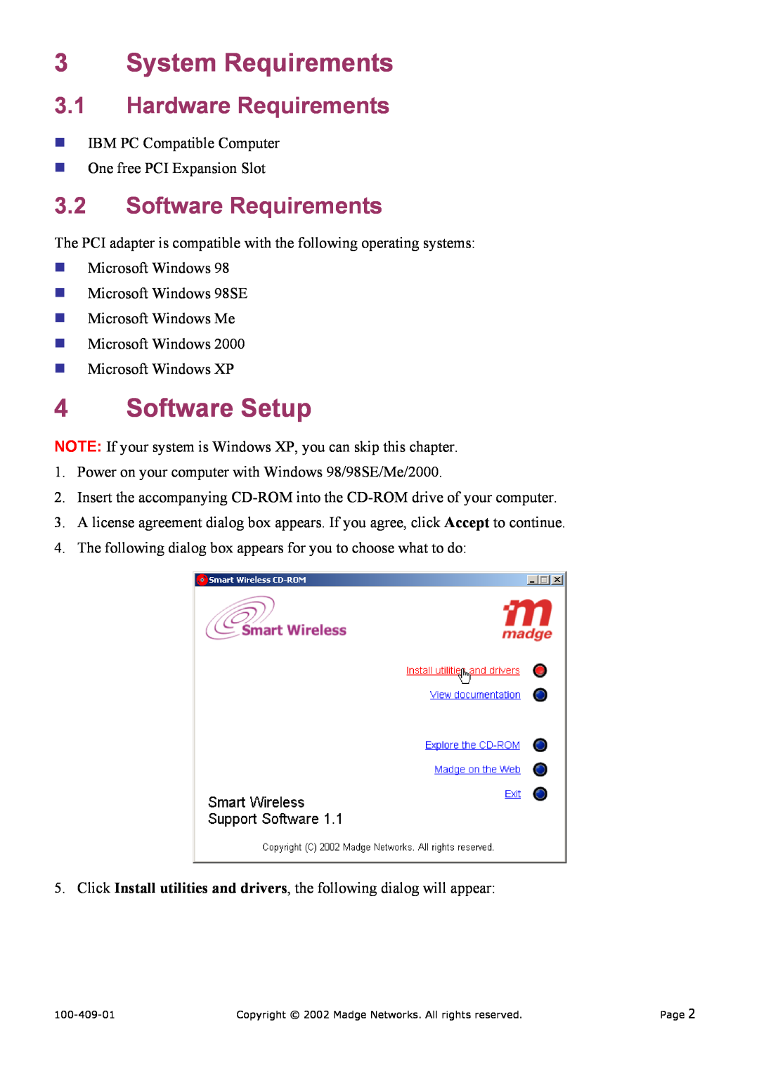 Madge Networks 802.11B (95-20) manual System Requirements, Software Setup, Hardware Requirements, Software Requirements 