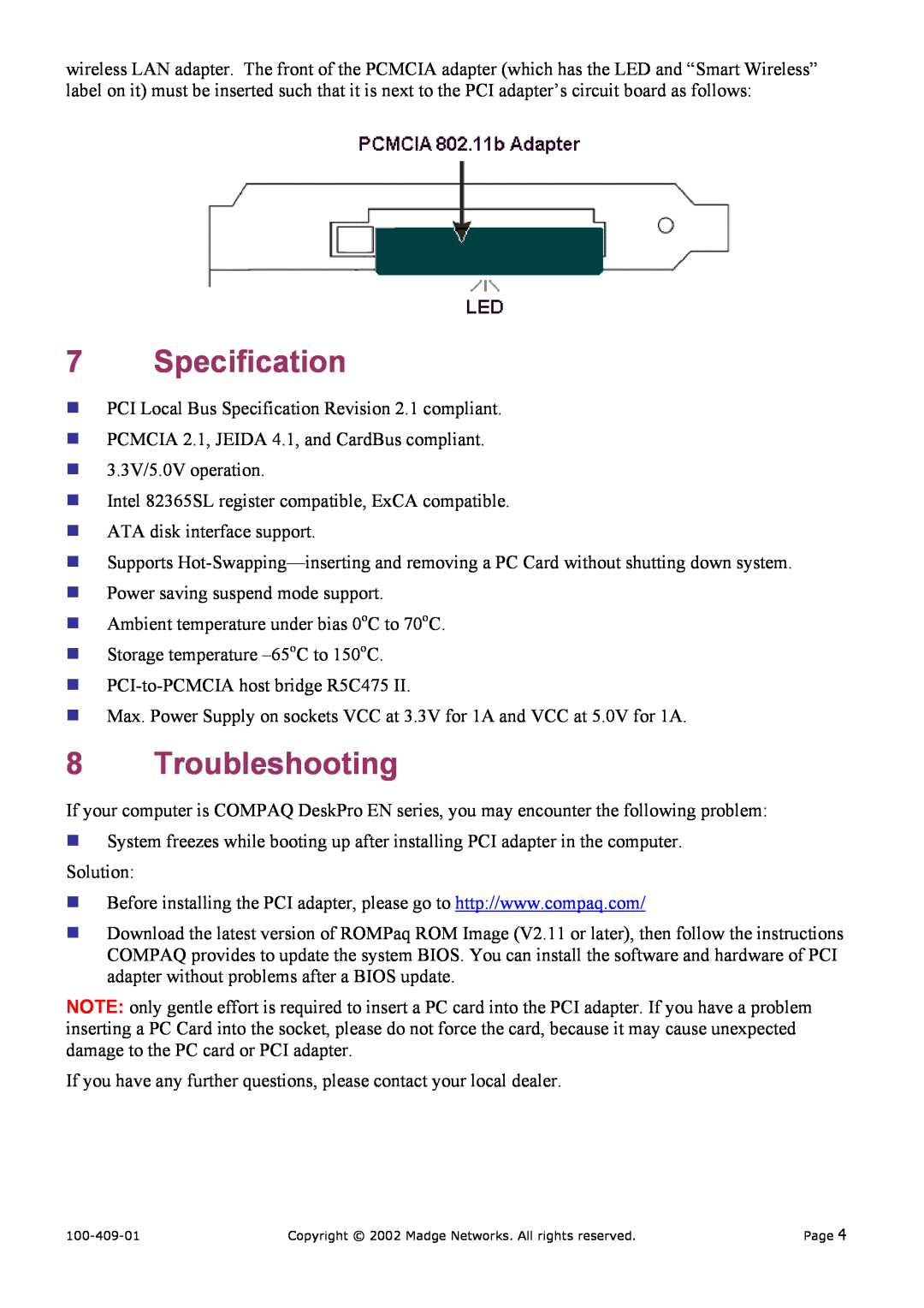 Madge Networks 802.11B (95-20) manual Specification, Troubleshooting 
