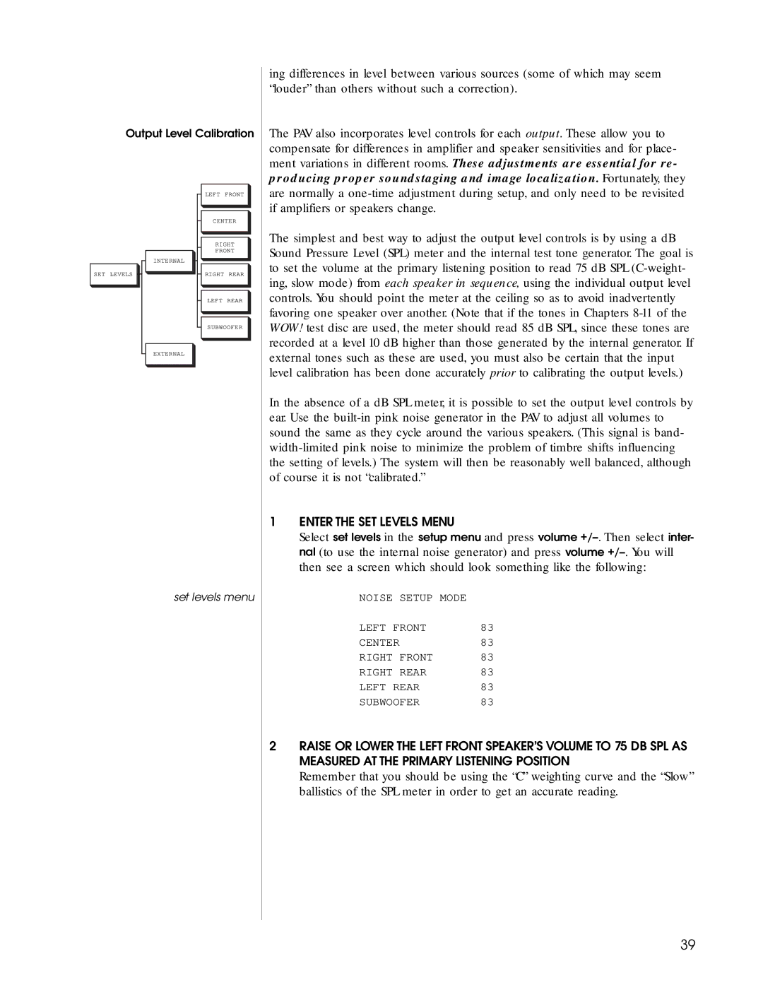 Madrigal Imaging Audio/Video Preamplifier manual Enter the SET Levels Menu 