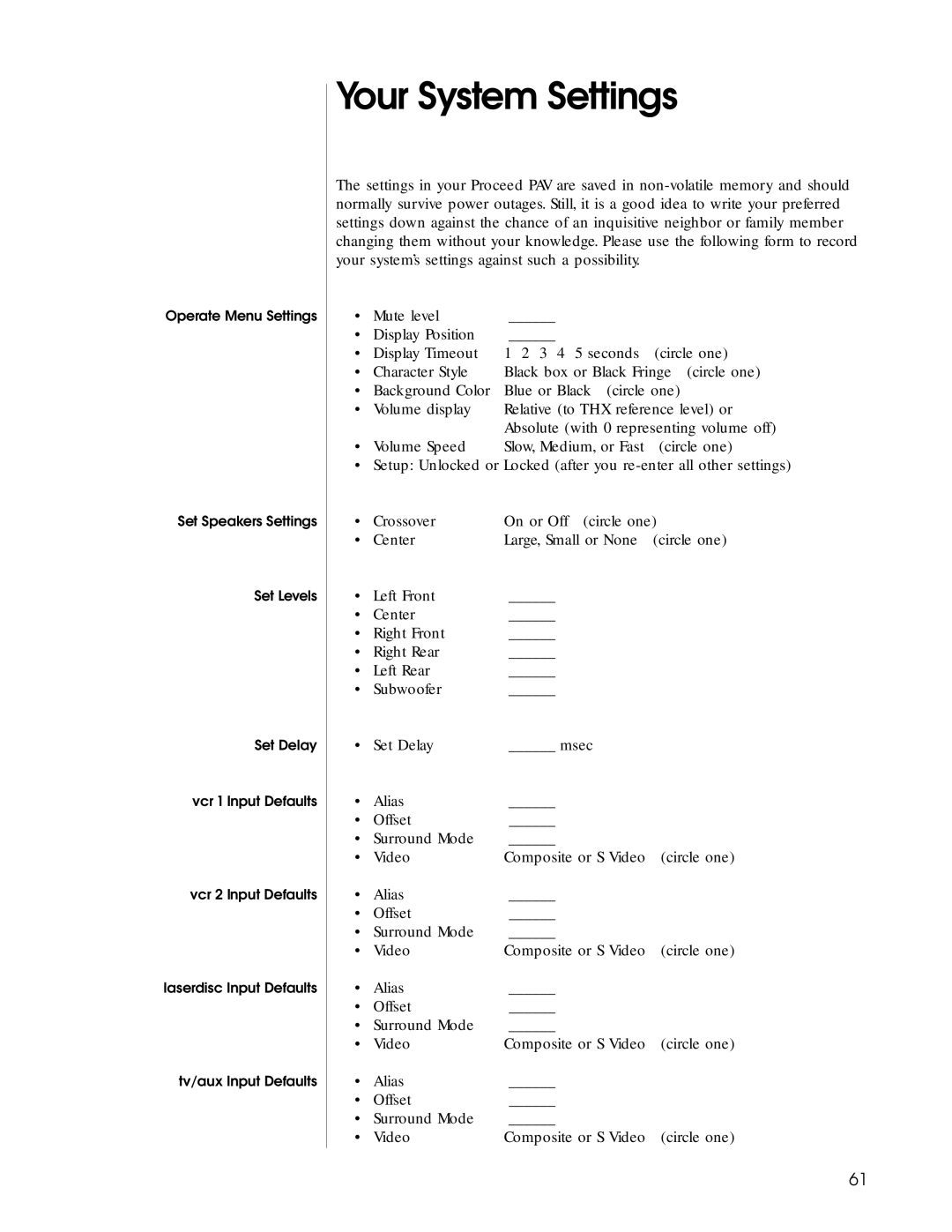 Madrigal Imaging Audio/Video Preamplifier manual Your System Settings 