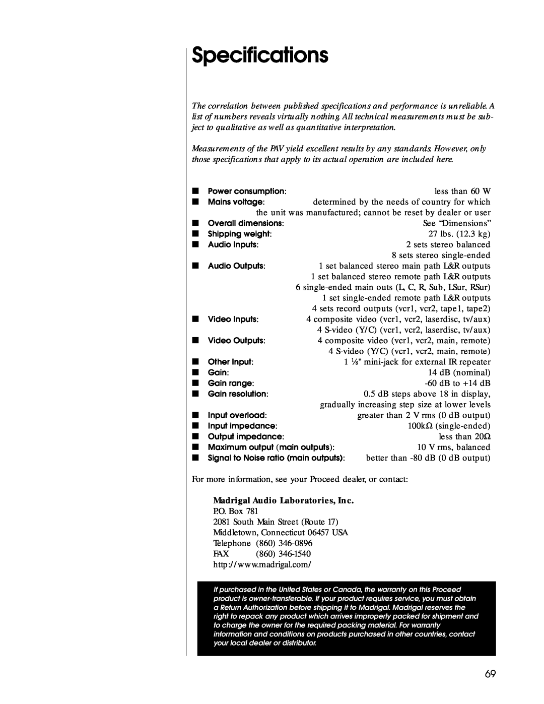 Madrigal Imaging Audio/Video Preamplifier manual Specifications, Madrigal Audio Laboratories, Inc 