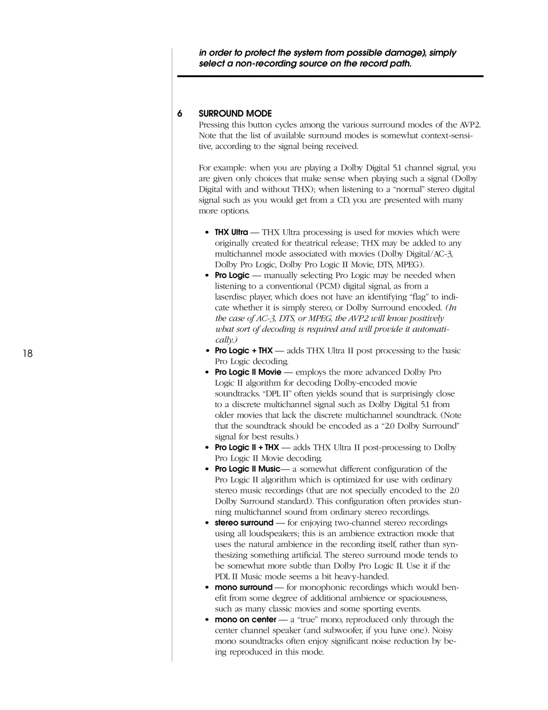 Madrigal Imaging AVP2 owner manual Surround Mode 