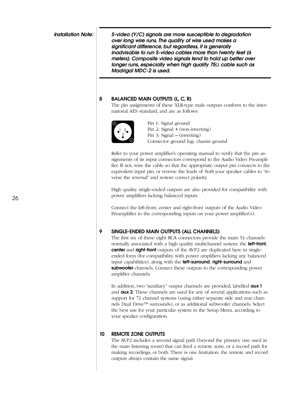 Madrigal Imaging AVP2 owner manual Balanced Main Outputs L, C, R 