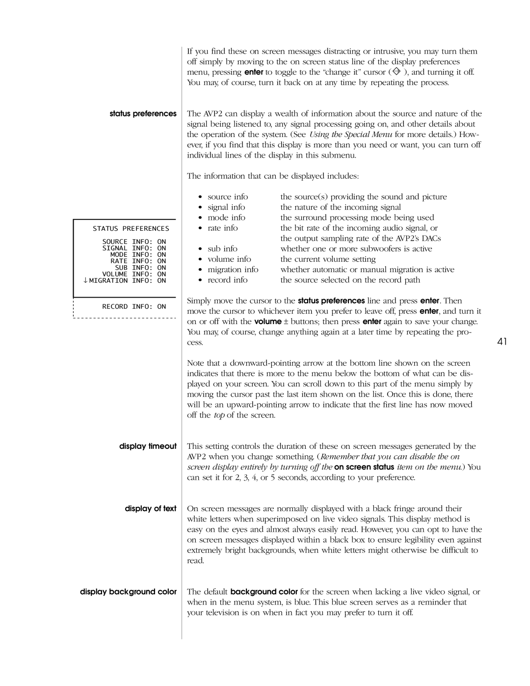 Madrigal Imaging AVP2 owner manual Display timeout Display of text Display background color 