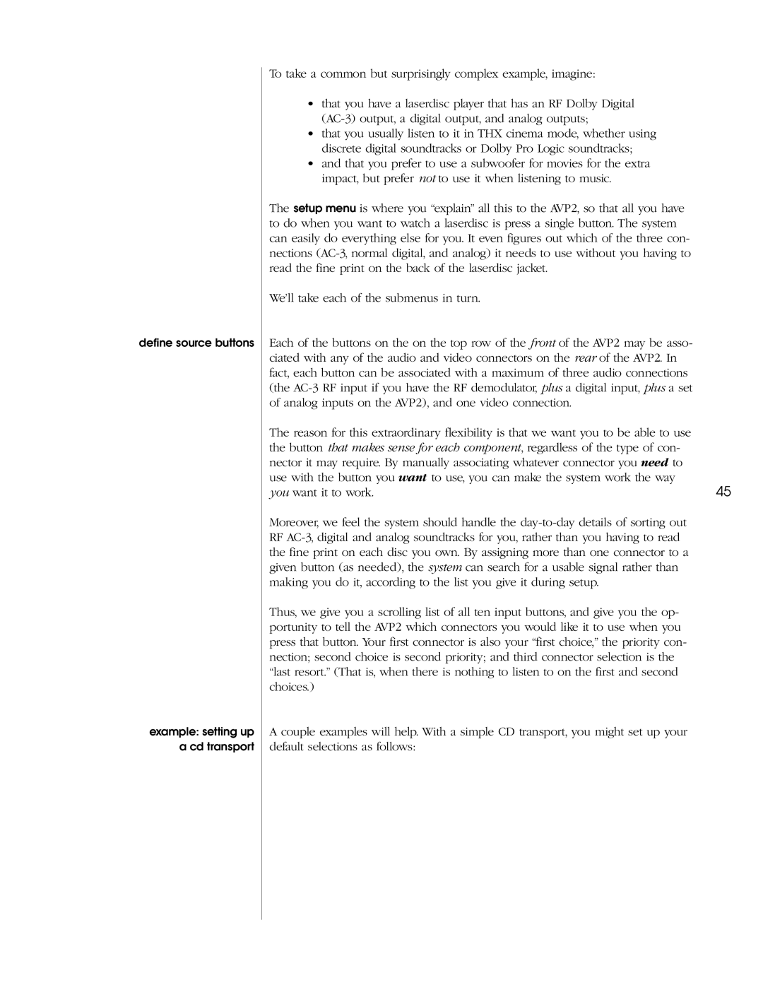 Madrigal Imaging AVP2 owner manual Define source buttons Example setting up a cd transport 