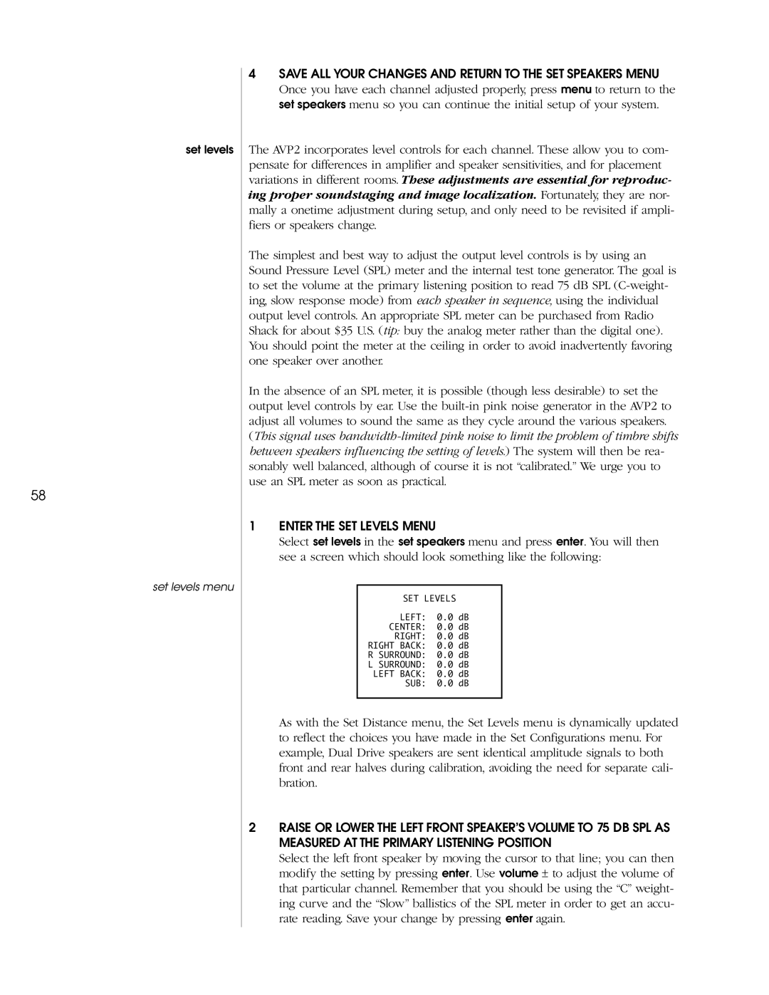 Madrigal Imaging AVP2 owner manual Save ALL Your Changes and Return to the SET Speakers Menu 