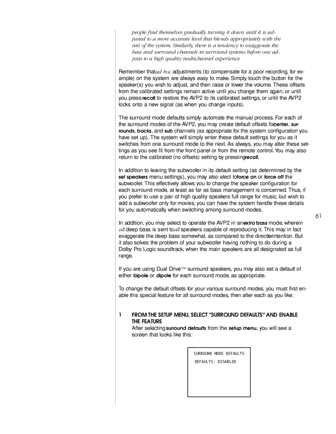 Madrigal Imaging AVP2 owner manual Surround Mode Defaults Defaults Disabled 