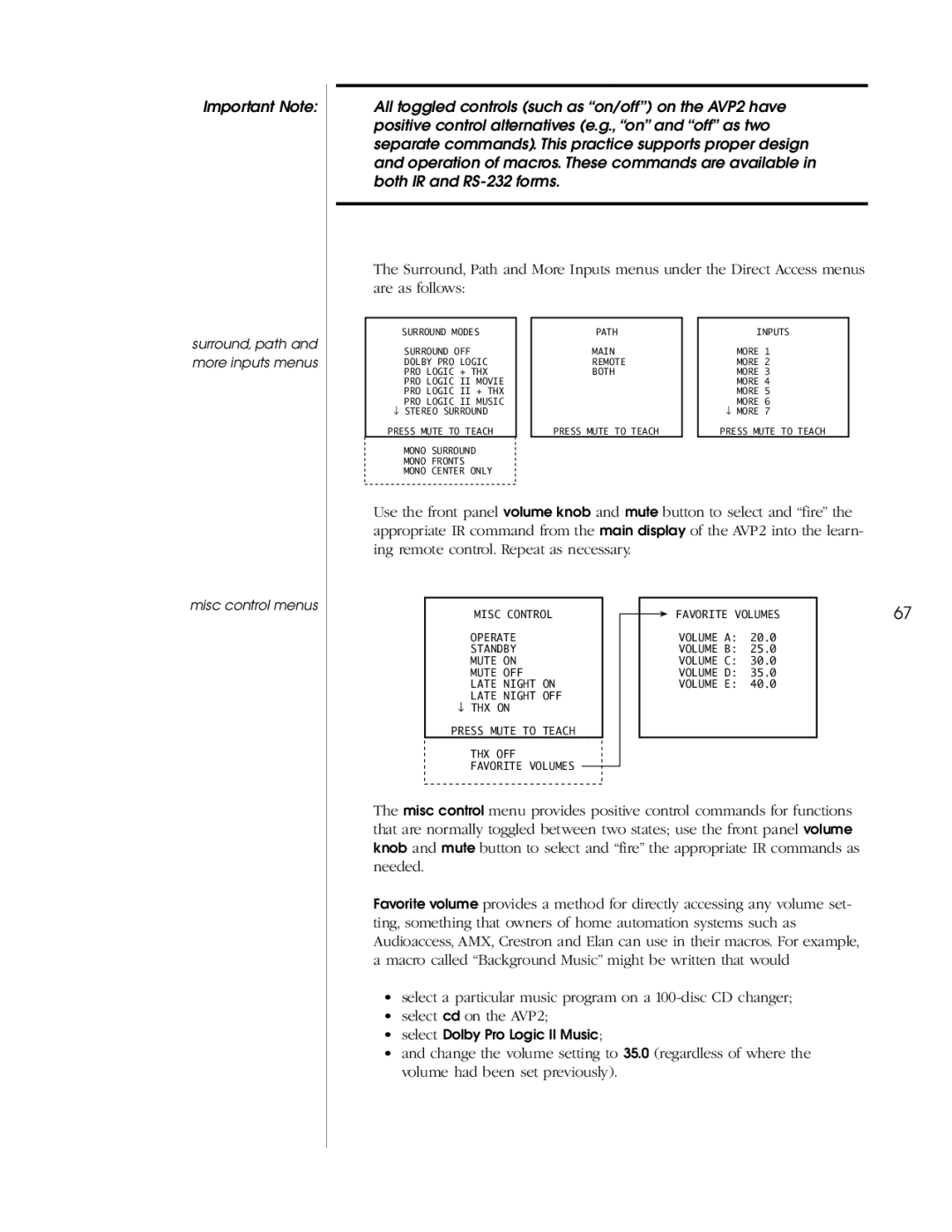 Madrigal Imaging AVP2 owner manual Select Dolby Pro Logic II Music 