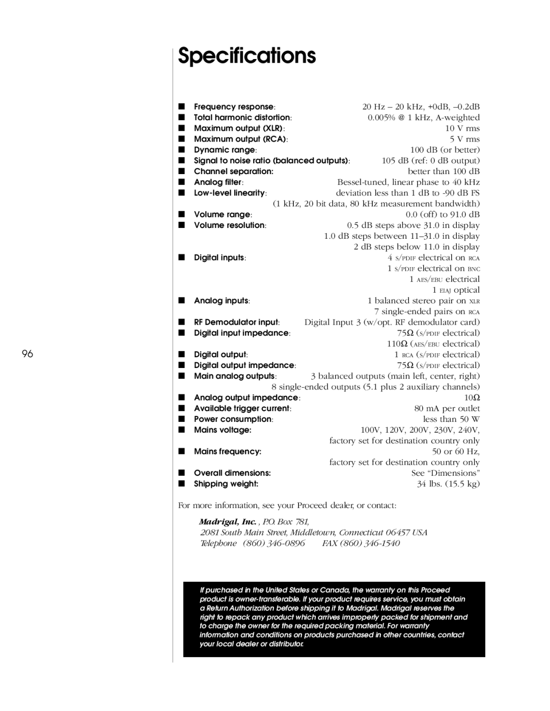 Madrigal Imaging AVP2 owner manual Specifications 