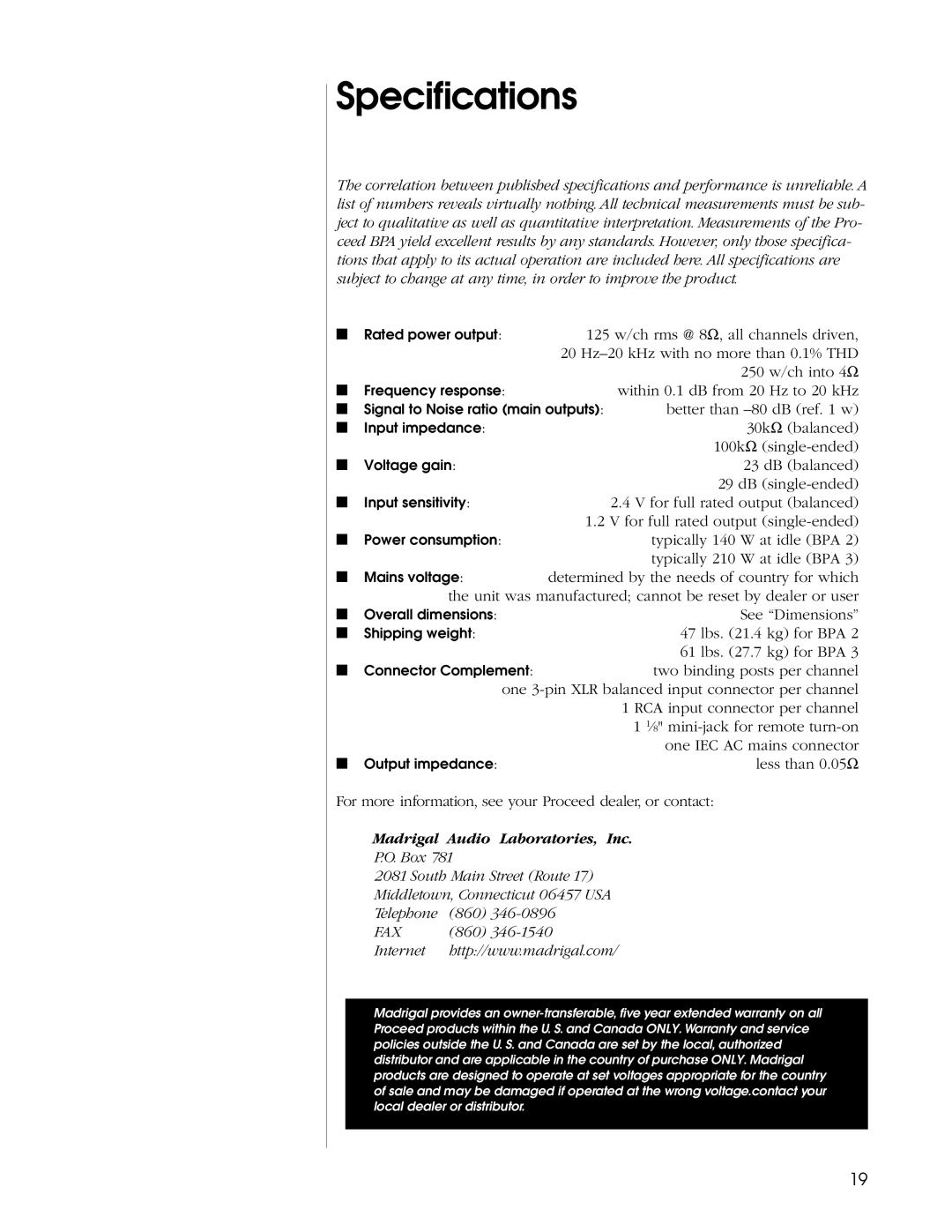 Madrigal Imaging BPA 3, BPA 2 manual Specifications, Madrigal Audio Laboratories, Inc 