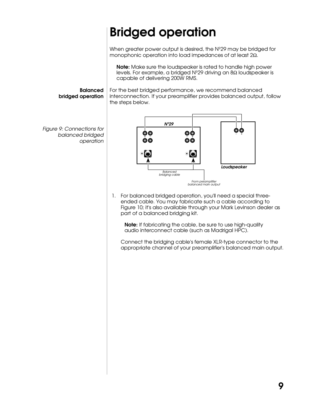 Madrigal Imaging Mark Levinson No. 29 manual Bridged operation, Connections for balanced bridged operation 