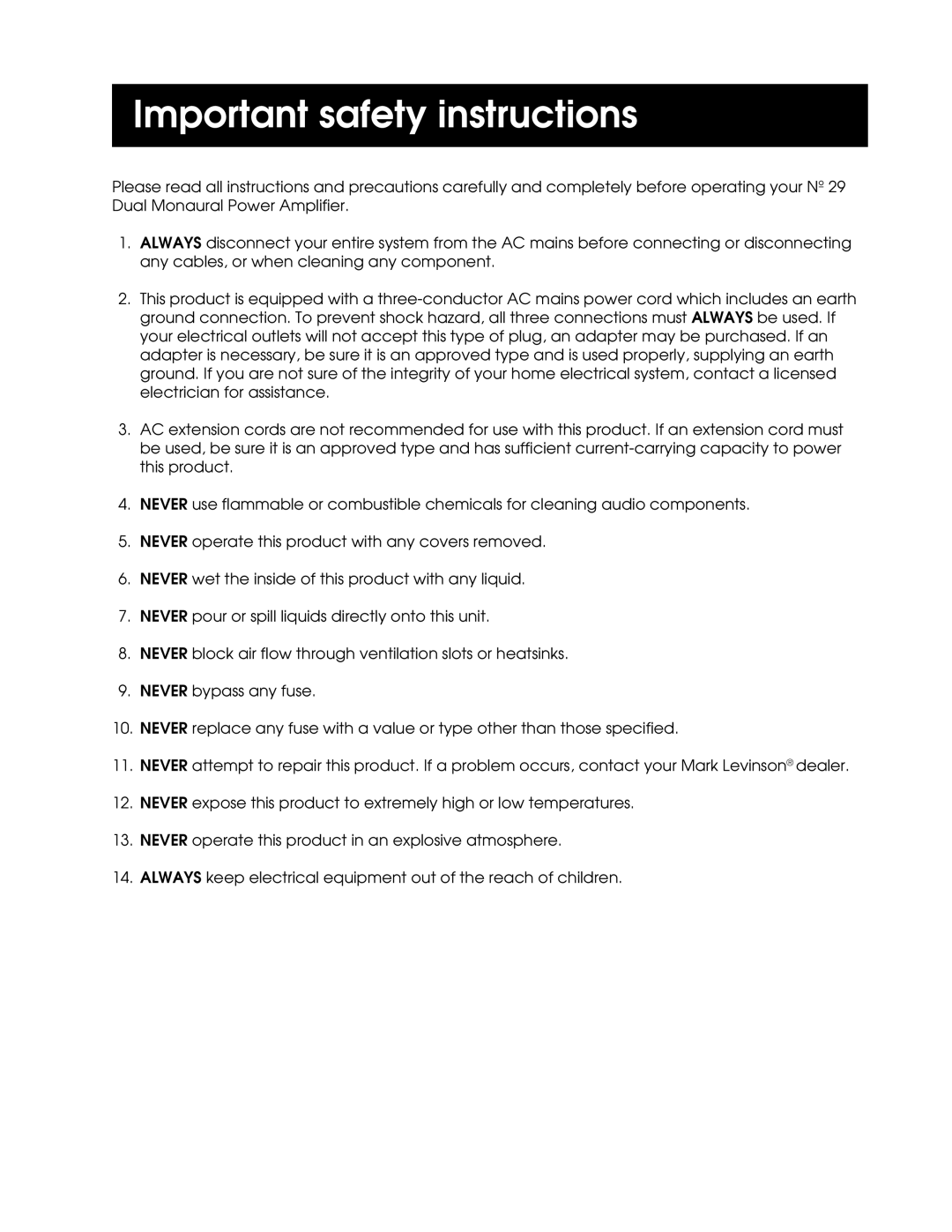 Madrigal Imaging Dual Monaural Power Amplifier, Mark Levinson No. 29 manual Important safety instructions 