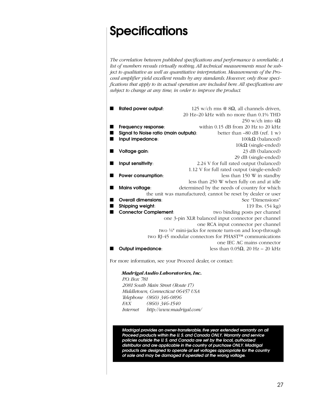 Madrigal Imaging Five Channel Amplifier manual Specifications, Madrigal Audio Laboratories, Inc 