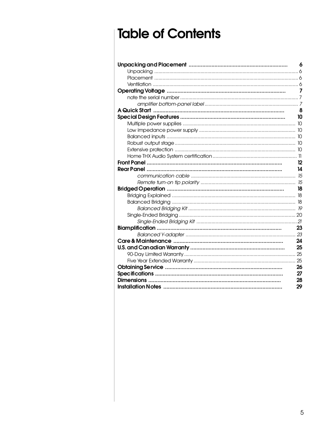 Madrigal Imaging Five Channel Amplifier manual Table of Contents 