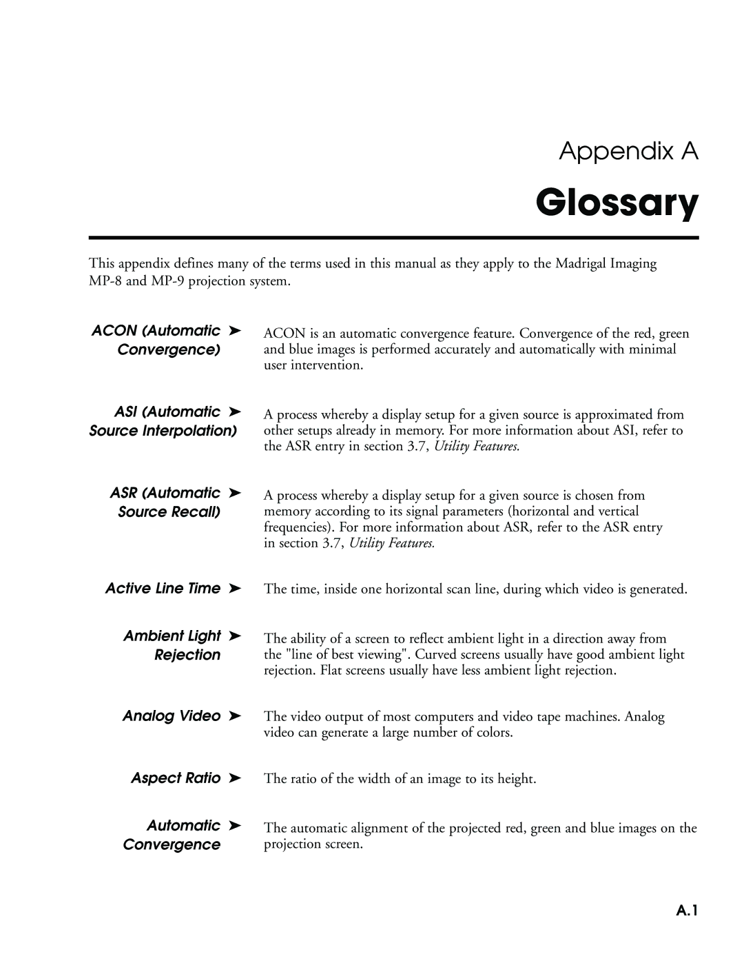 Madrigal Imaging MP-8, MP-9 manual Glossary 