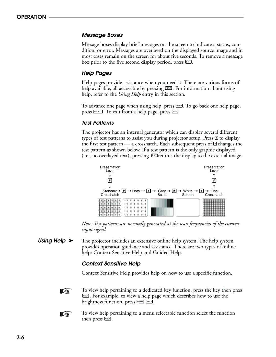 Madrigal Imaging MP-8, MP-9 manual Message Boxes, Help Pages, Test Patterns, Context Sensitive Help 