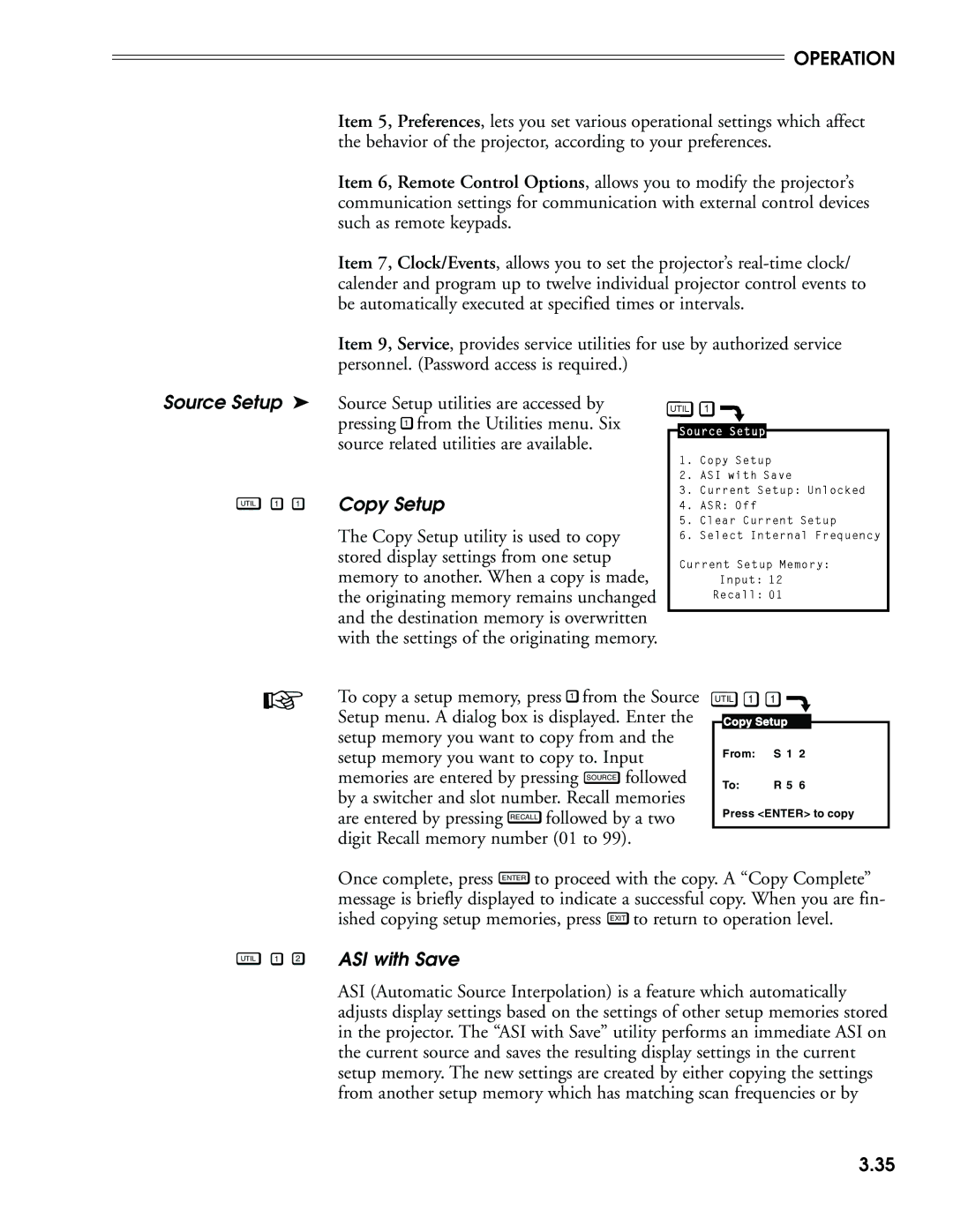 Madrigal Imaging MP-8, MP-9 manual Source Setup, Copy Setup, ASI with Save 