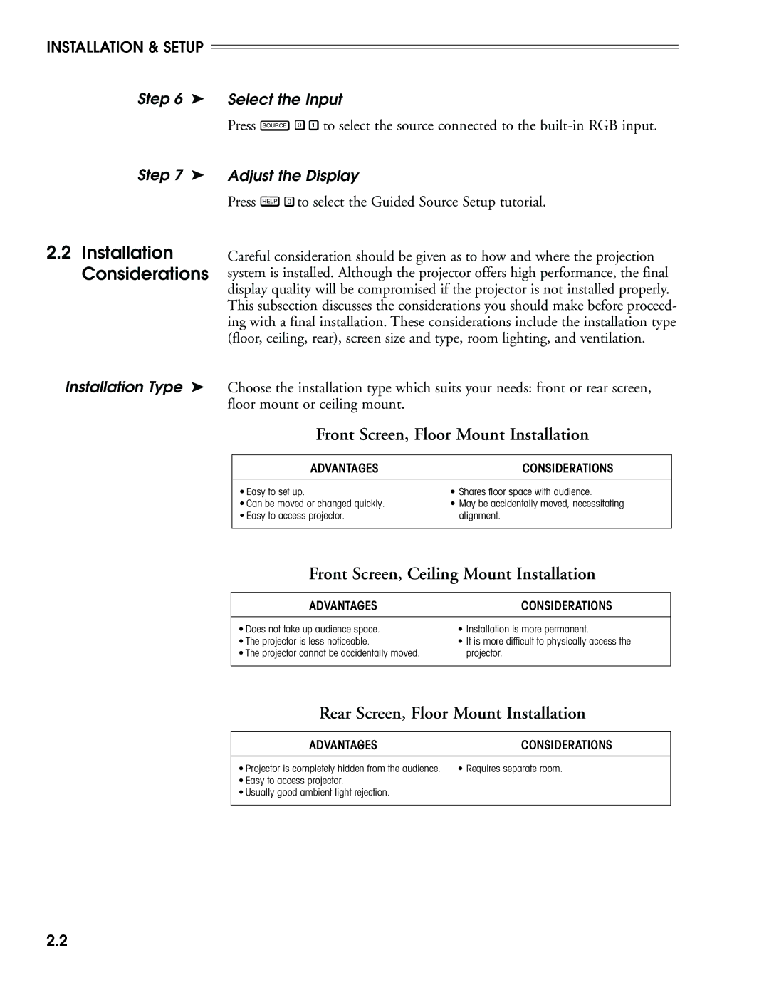 Madrigal Imaging MP-8, MP-9 manual Installation Considerations, Step, Select the Input, Adjust the Display 