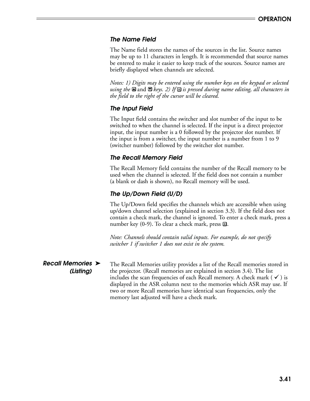 Madrigal Imaging MP-8, MP-9 Name Field, Input Field, Recall Memory Field, Up/Down Field U/D, Recall Memories, Listing 