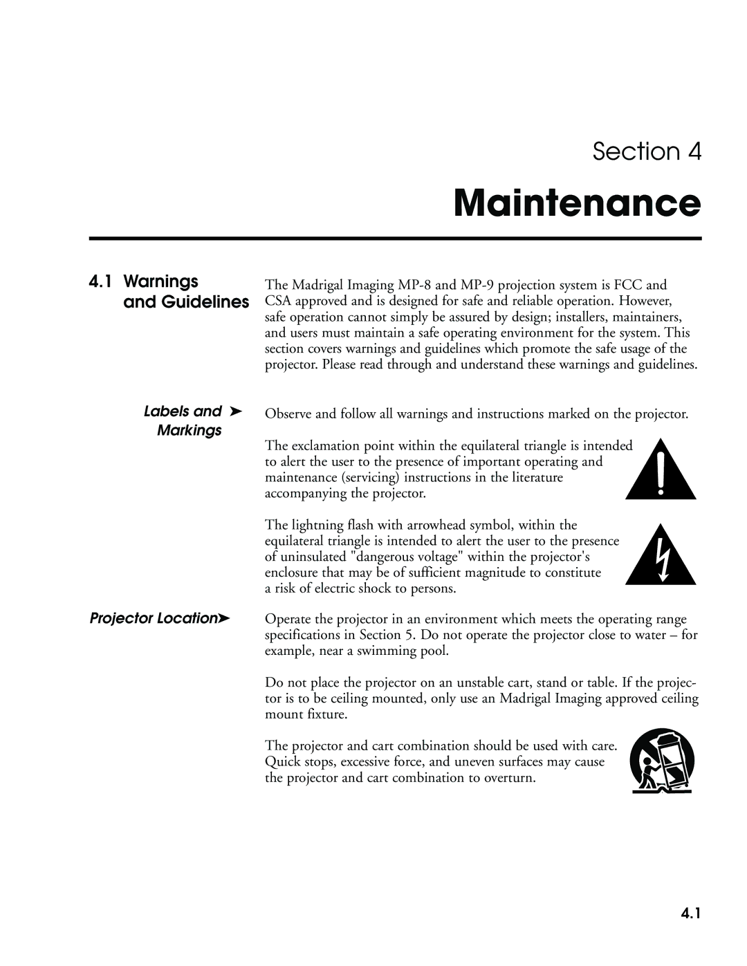 Madrigal Imaging MP-8, MP-9 manual Maintenance, Guidelines, Labels Markings Projector Location 