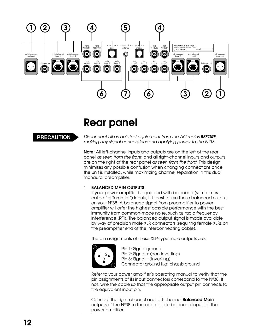 Madrigal Imaging N38 manual Rear panel, Balanced Main Outputs 