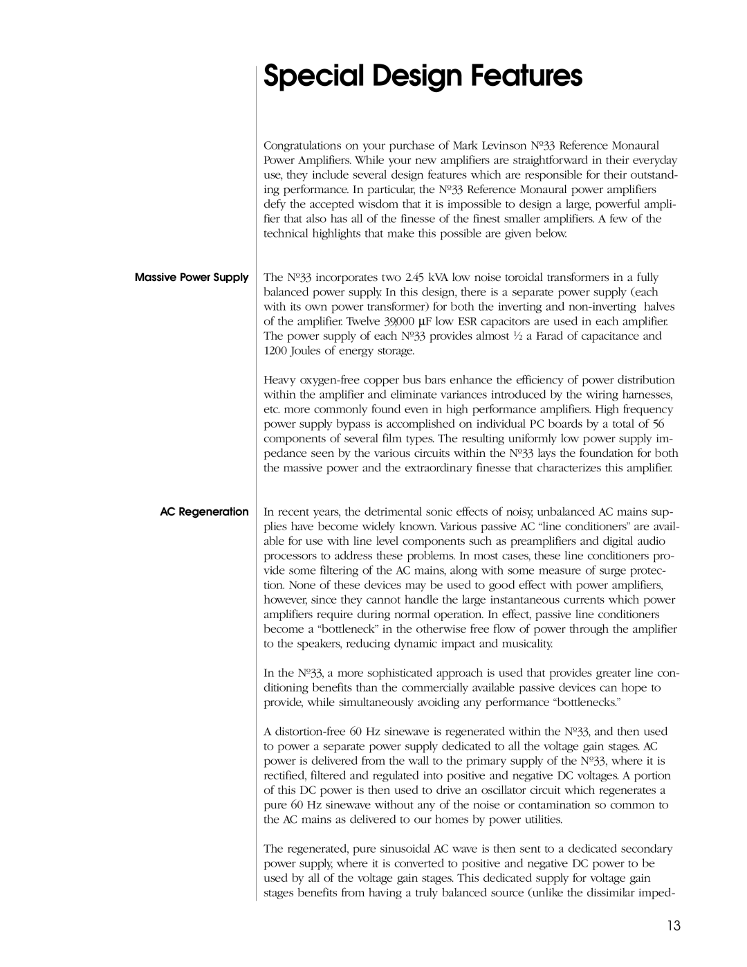 Madrigal Imaging N33, power amplifier manual Special Design Features 