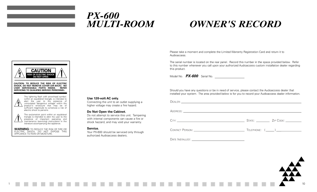 Madrigal Imaging PX-600 manual Owners Record, Multi-Room, Use 120-volt AC only, Do Not Open the Cabinet, Service 