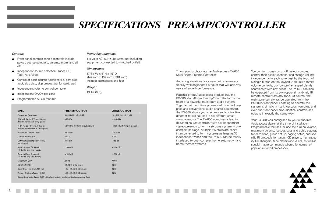 Madrigal Imaging PX-600 manual Specifications PREAMP/CONTROLLER, Controls, Power Requirements, Dimensions, Weight 